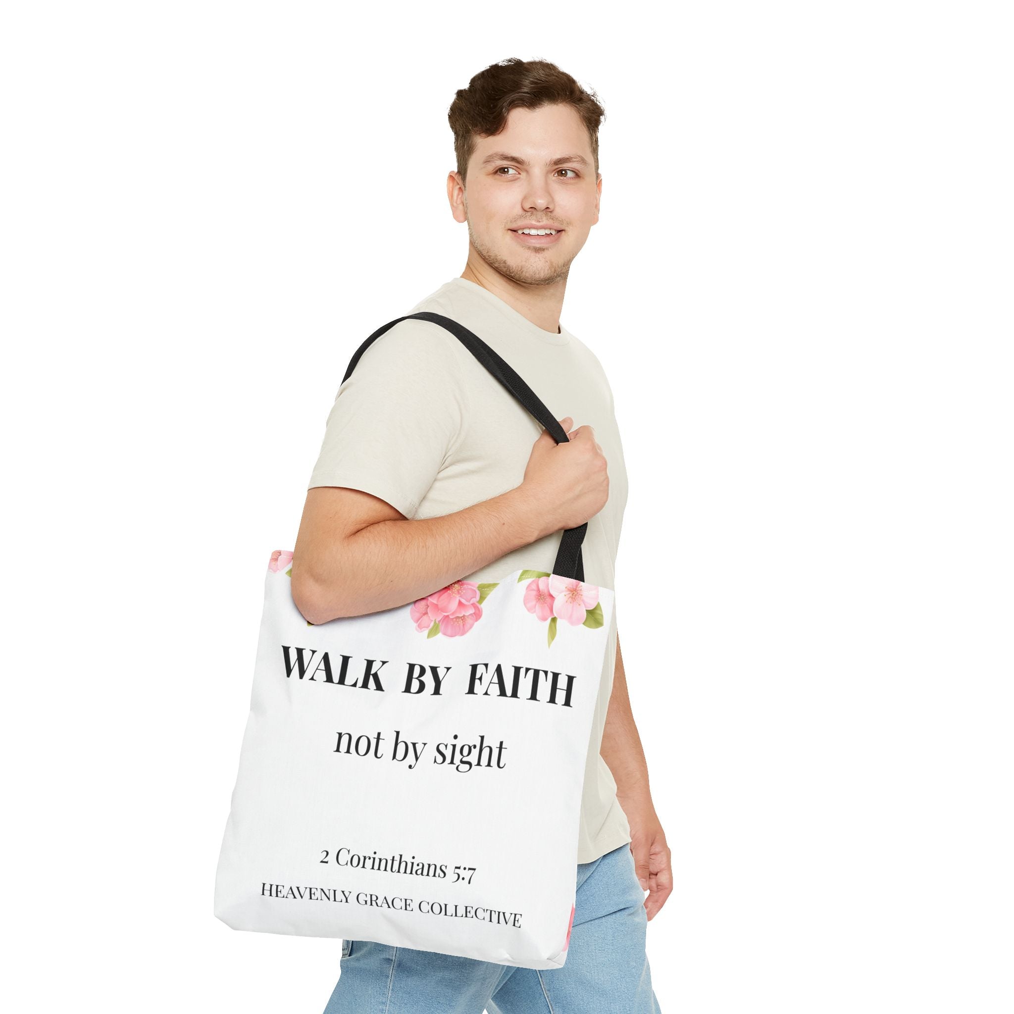Faith Tote Bag — "Walk By Faith" Floral Scripture Tote (2 Corinthians 5:7)